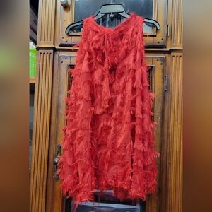Bare Shoulder Long Sleeve Red Eyelash Fringe Blouse Front Tie at Neckline 3XL